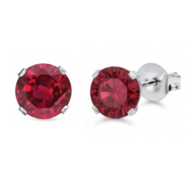 Earrings - Sterling Silver Rhodium Plated Ruby Cubic Zirconia Round Cut Studs (5mm)