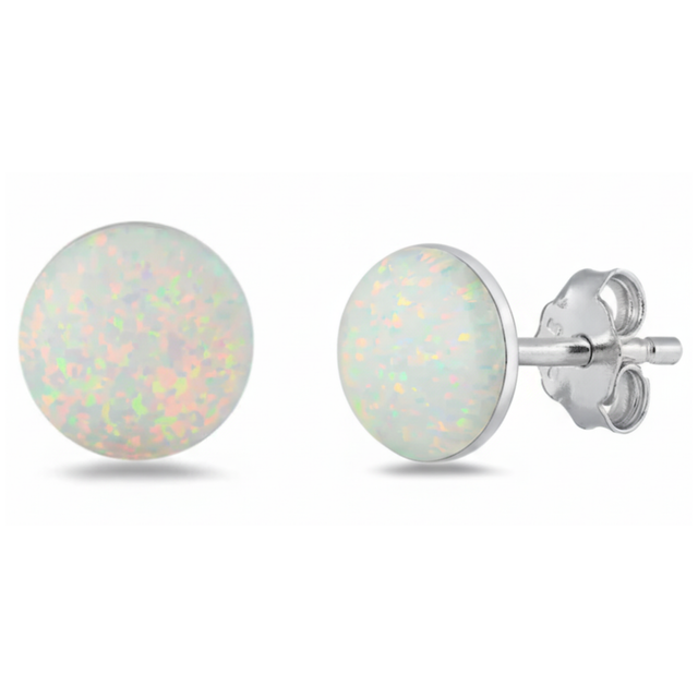 Earrings - Sterling Silver Rhodium Plated White Lab Opal Round Studs (5mm)