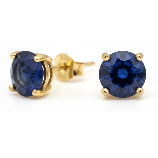 Earrings - Sterling Silver Gold Plated Sapphire Cubic Zirconia Round Cut Studs (6mm)