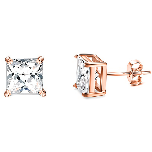 925 Sterling Silver Post Stud Earrings 18K Rose Gold Plated Clear CZ Princess Cut (7mm)