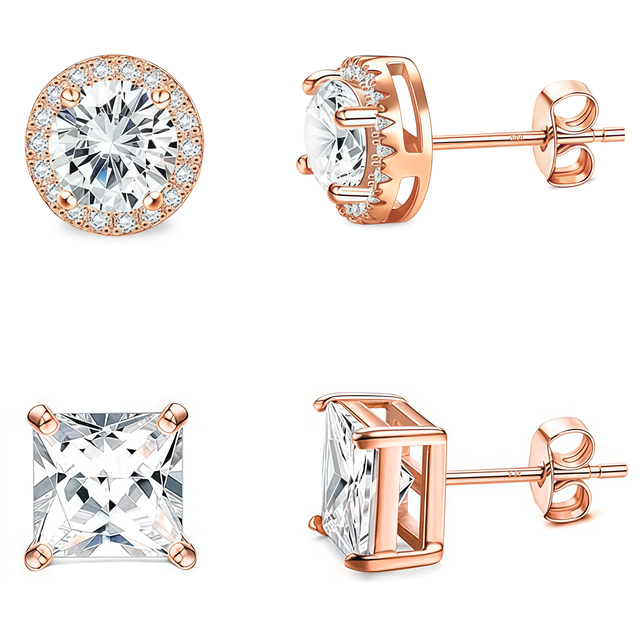 2 Pair Set 925 Sterling Silver Stud Earrings 18K Rose Gold Plated Clear CZ Round Halo & Princess Cut (8.5mm/7mm)
