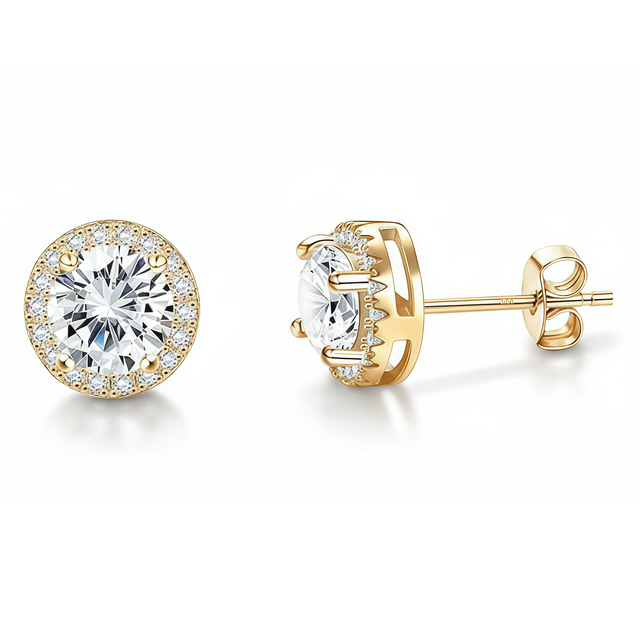 925 Sterling Silver Post Stud Earrings 18K Gold Plated Clear CZ Round Halo Cut (8.5mm)