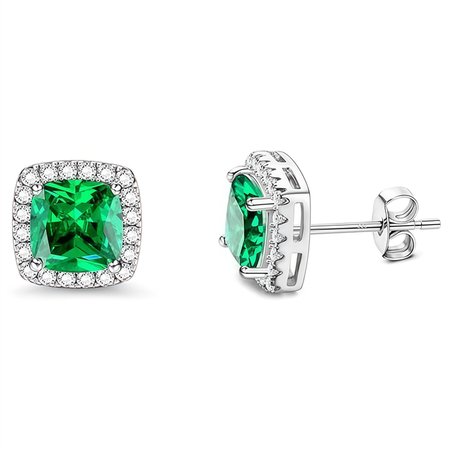 925 Sterling Silver Post Stud Earrings 18K White Gold Plated Emerald CZ Square Cut Halo (10mm)