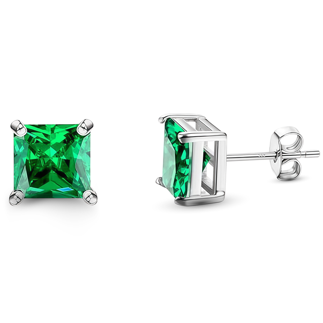 925 Sterling Silver Post Stud Earrings 18K White Gold Plated Emerald CZ Princess Cut (8mm)
