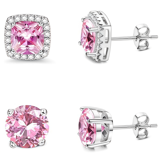 2 Pair Set - 925 Sterling Silver Post Stud Earrings 18K White Gold Plated Pink CZ Round Solitaire & Square Halo (10mm/8mm)
