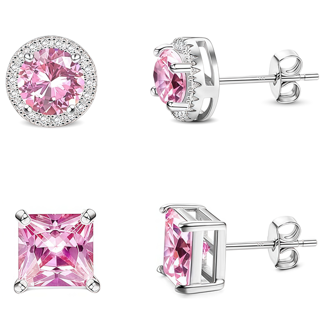 2 Pair Set - 925 Sterling Silver Post  Stud Earrings 18K White Gold Plated Pink CZ Round Halo & Princess Cut (8.5mm/8mm)
