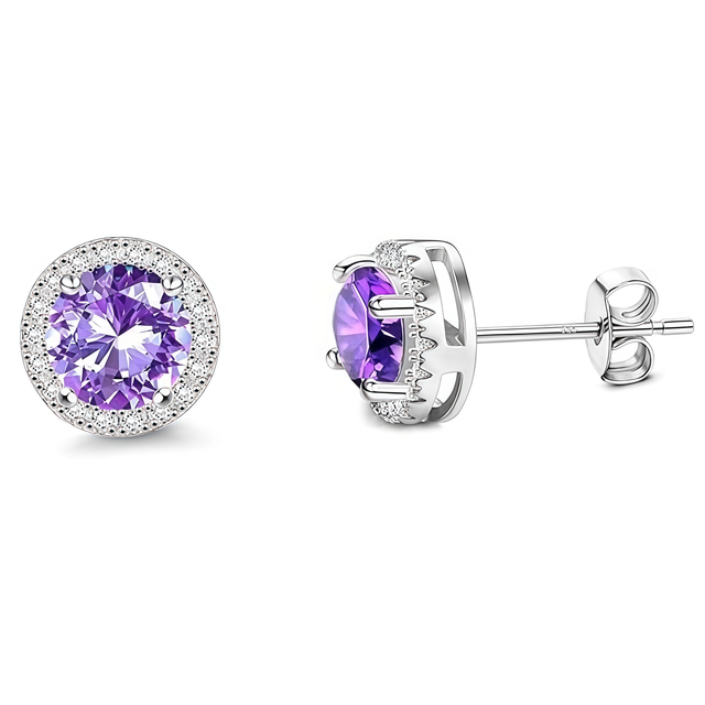 925 Sterling Silver Post Stud Earrings 18K White Gold Plated Purple CZ Round Cut Halo (8.5mm)