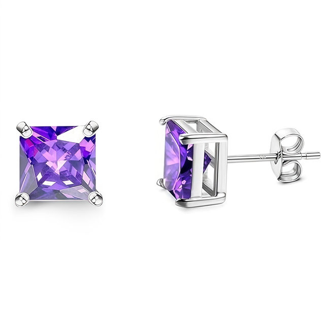 925 Sterling Silver Post Stud Earrings 18K White Gold Plated Purple CZ Princess Cut (8mm)