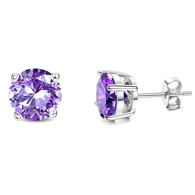925 Sterling Silver Post Stud Earrings 18K White Gold Plated Purple CZ Round Solitaire (8mm)