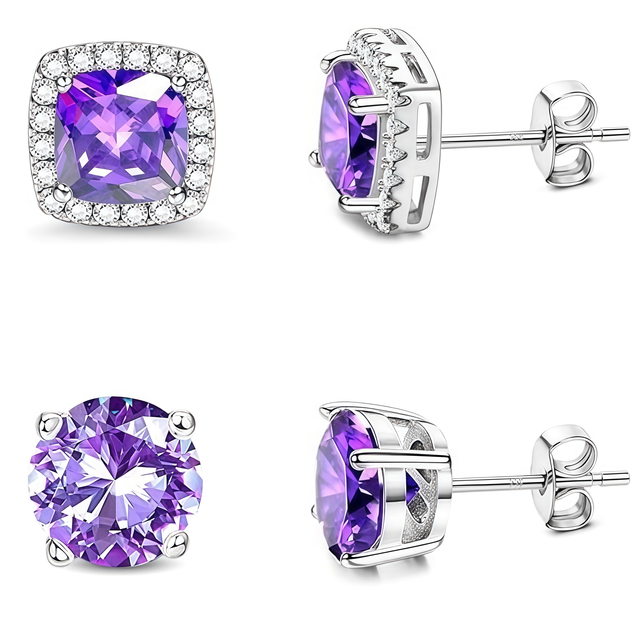 Copy of 2 Pair Set - 925 Sterling Silver Post Stud Earrings 18K White Gold Plated Purple CZ Round Solitaire & Square Halo (10mm/8mm)