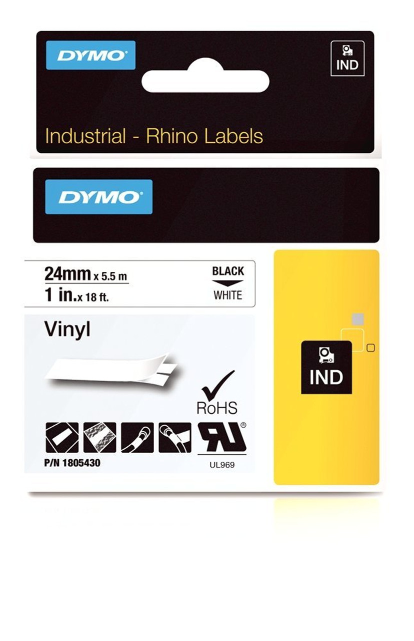 Dymo 1805430 IND 1 Black on White Vinyl Label Industrial Tape