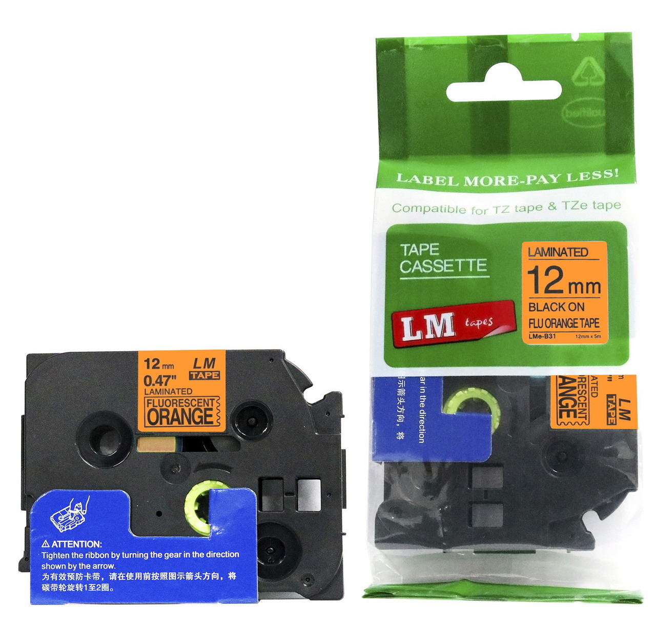 LM Tape LMeB31 Compatible 1/2 Black On Florescent Orange P-touch