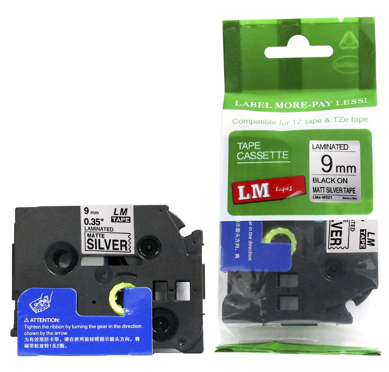 LM Tape LMeM921 Compatible 3/8 Black On Matte Silver P-touch Tape, 9mm