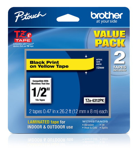 Brother TZe-6312PK 1/2 Black on Yellow P-touch Label Tape Twin Pack