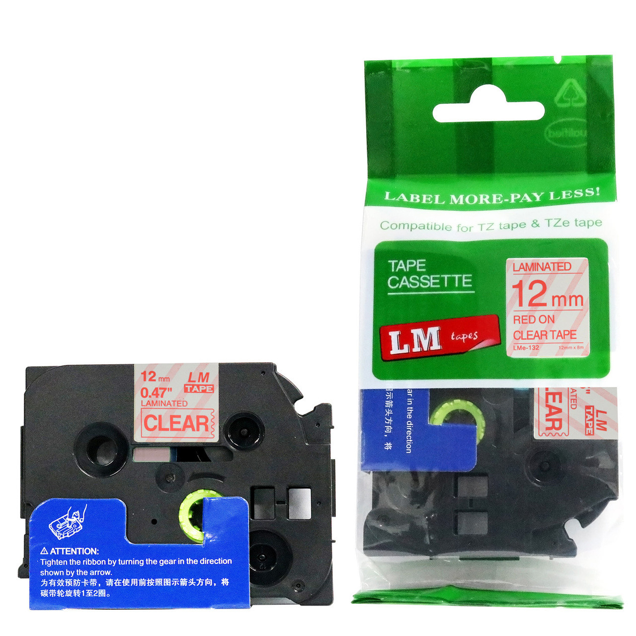 LM Tape Compatible LMe132 1/2 Red On Clear P-touch Tape, Replaces