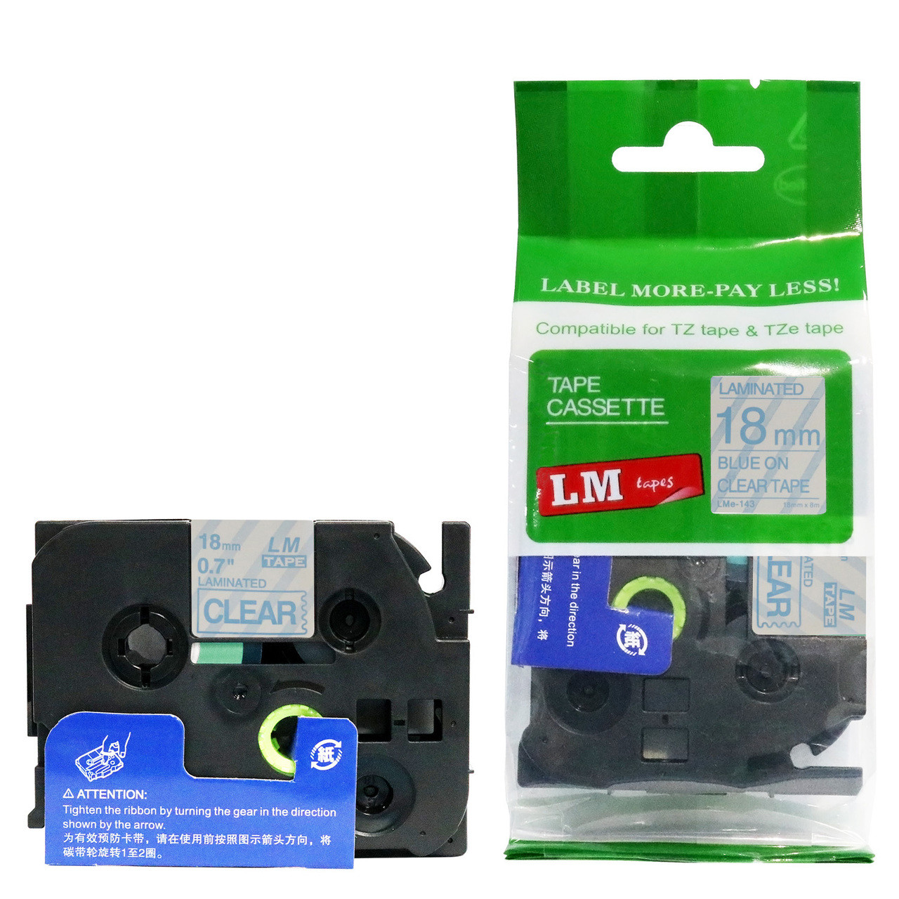 LM Tape LMe143 Compatible 3/4 Blue On Clear P-touch Tape, Replaces