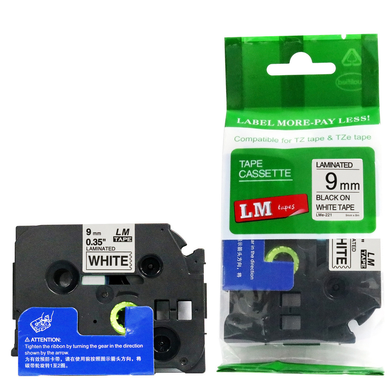 LM Tape LMe221 Compatible 3/8 Black On White P-touch Tape