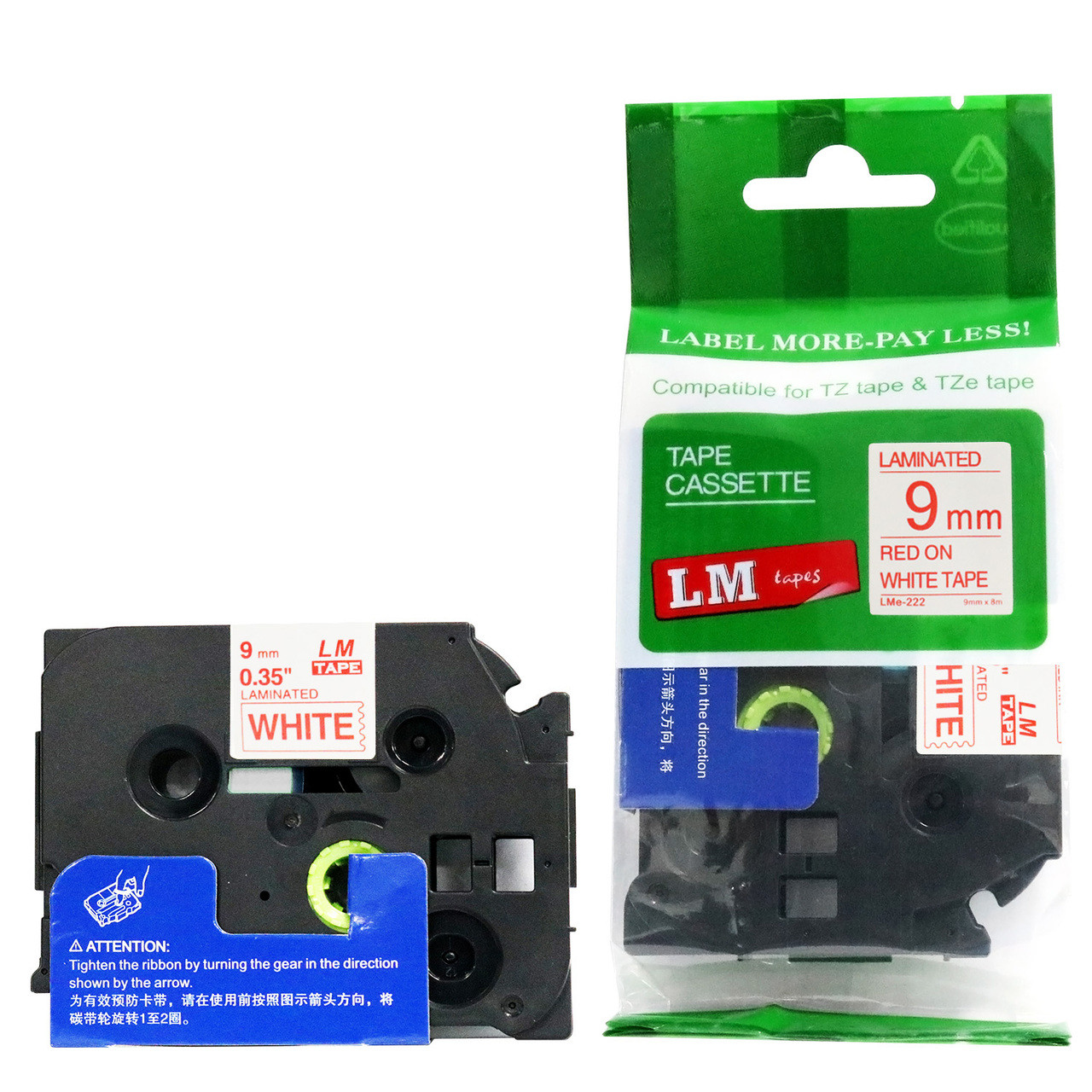 LM Tape LMe222 Compatible 3/8 Red On White P-touch Tape, Replaces