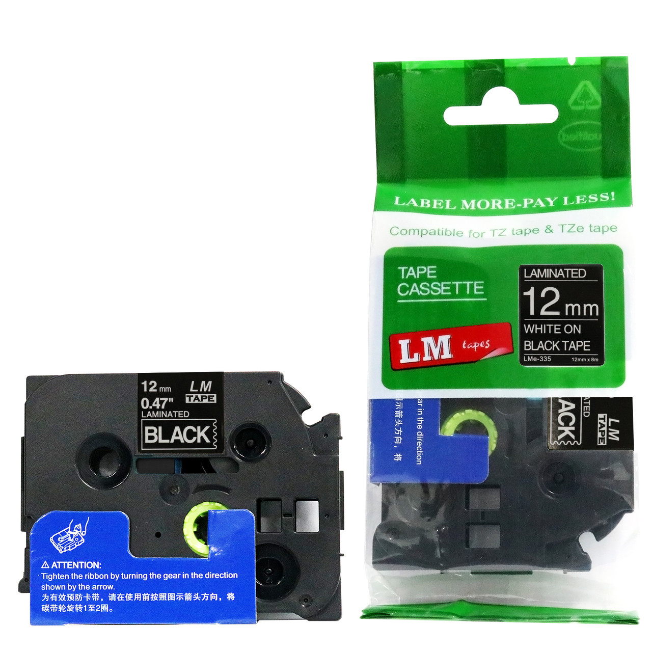 1*Label Tape For Brother Printer 12mm White On Black TZ TZe-335 P-Touch PT-1830
