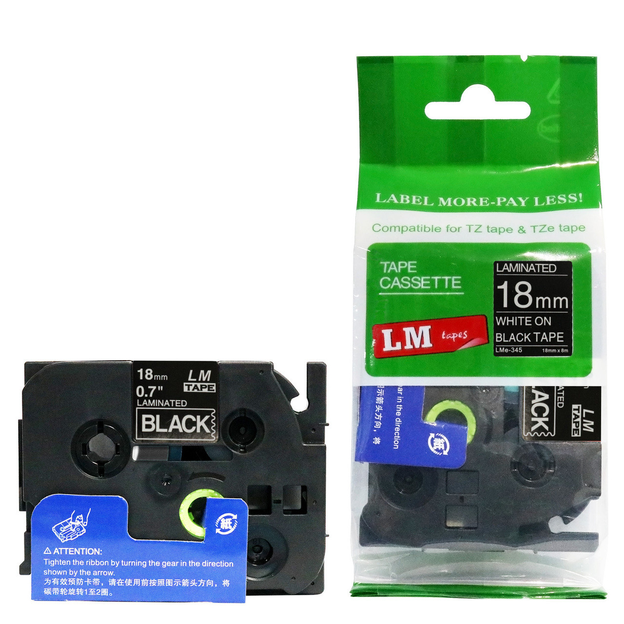 LM Tape LMe345 Compatible 3/4 White On Black P-touch Tape
