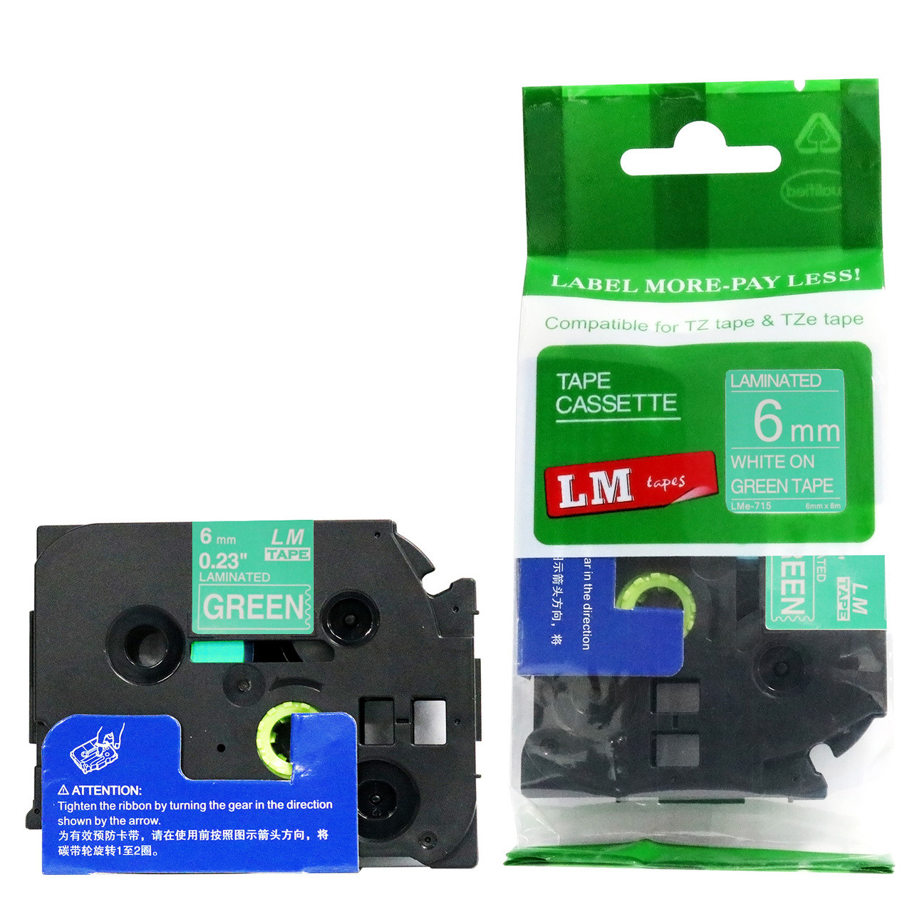 LM Tape Compatible 1/4 White On Green P-touch Tape, Replaces TZe