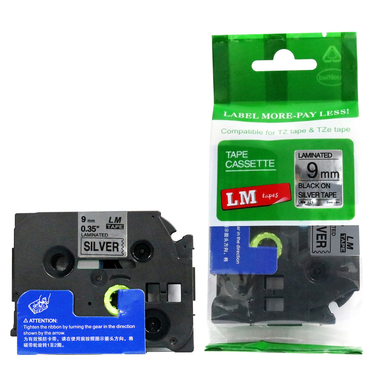 LM Tape LMe921 Compatible 3/8 Black On Silver P-touch Tape
