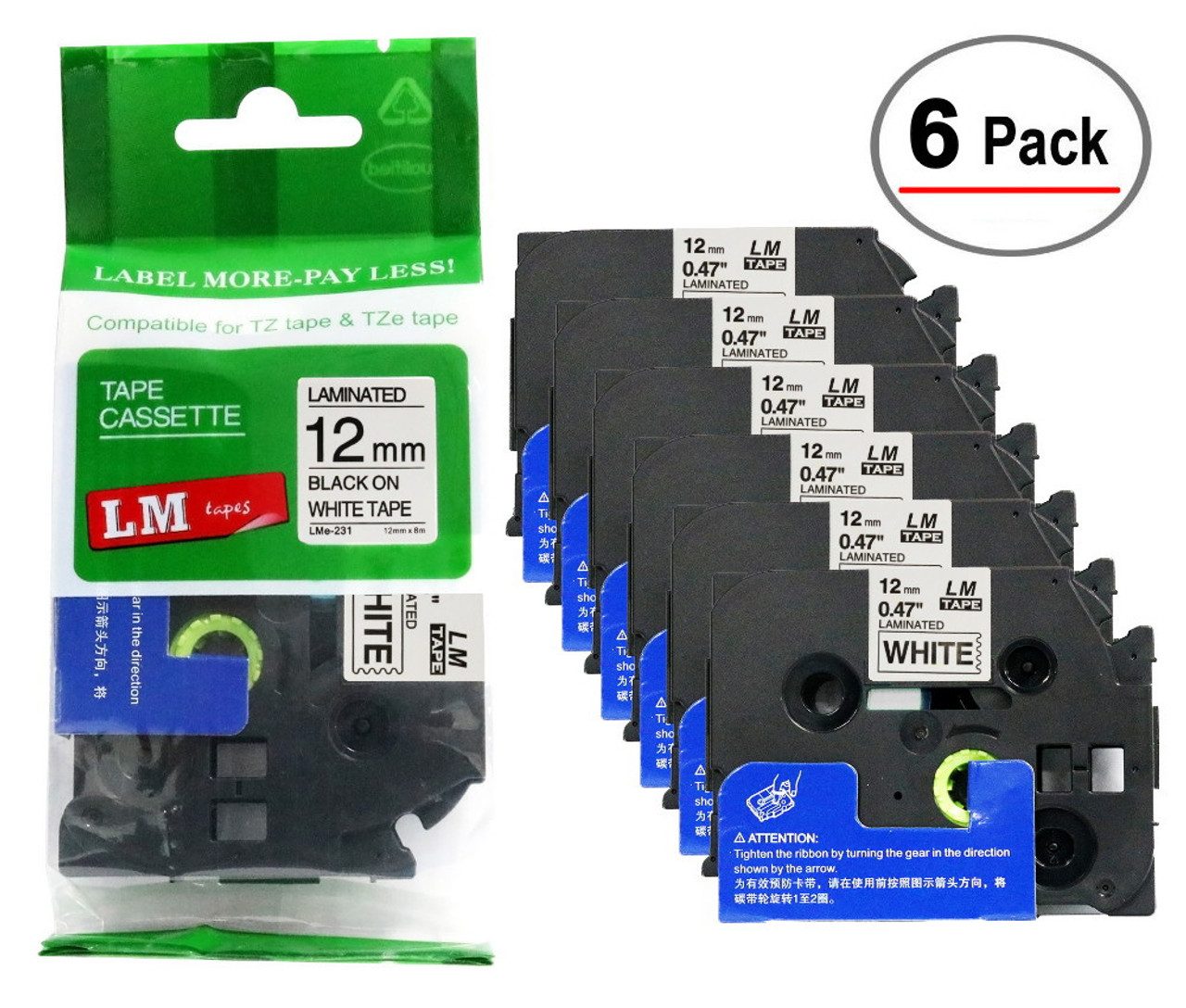 Hehua 6 Pack Compatible Label Tape Replacement for Brother P-touch M Tape  1/2 MK231