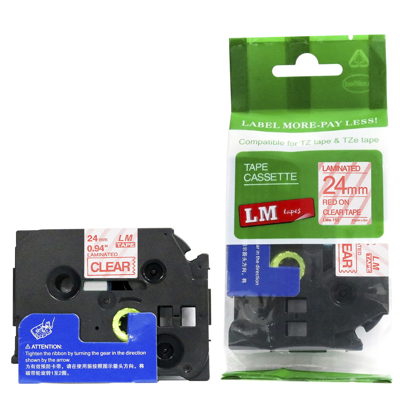 LM Tape LMe152 Compatible 1 In Red On Clear P-touch Tape, Replaces