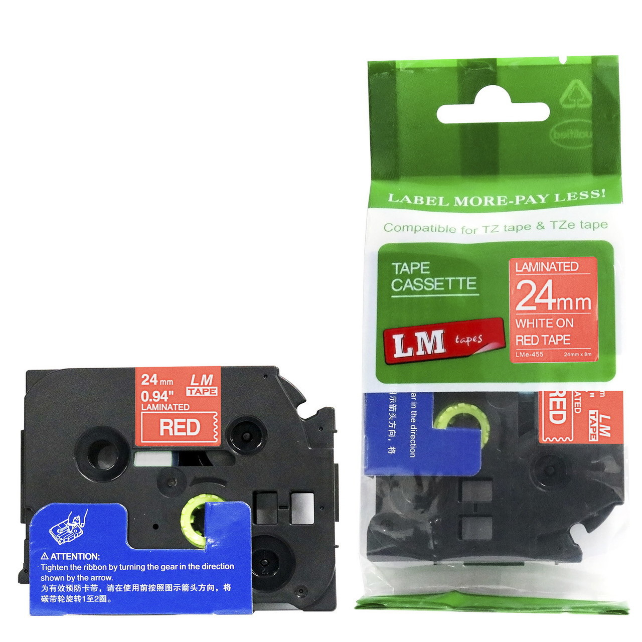 LM Tape LMe455 Compatible 1 In White On Red P-touch Tape, Replaces