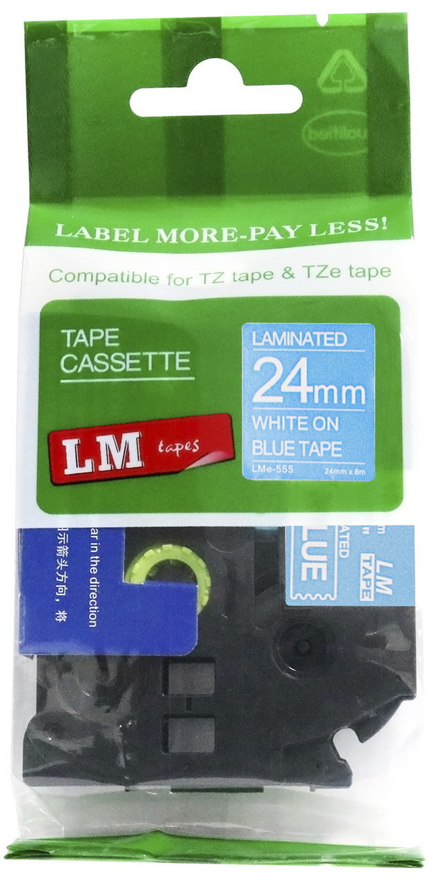 LM Tape LMe555 Compatible 1 In White On Blue P-touch Tape