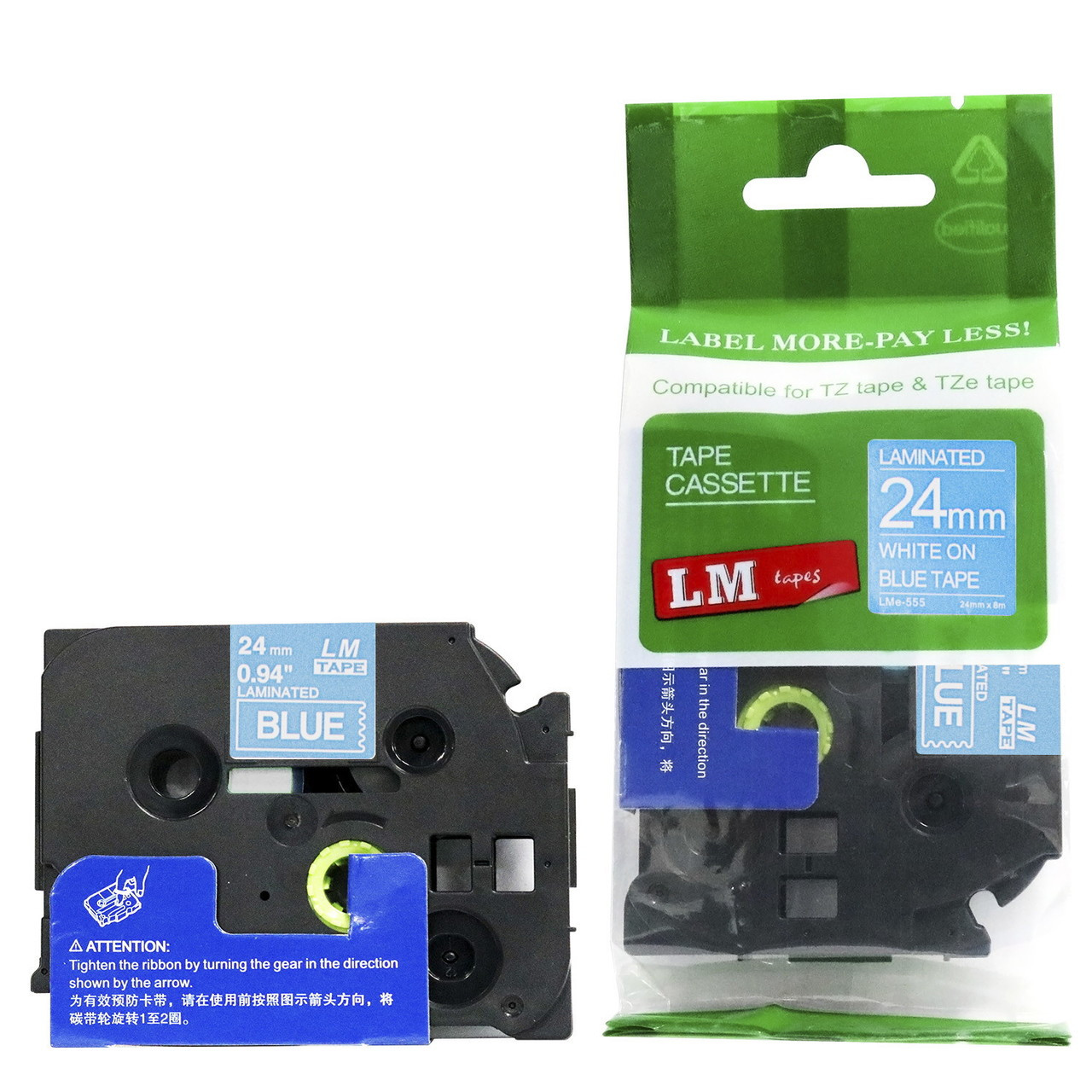 LM Tape LMe555 Compatible 1 In White On Blue P-touch Tape