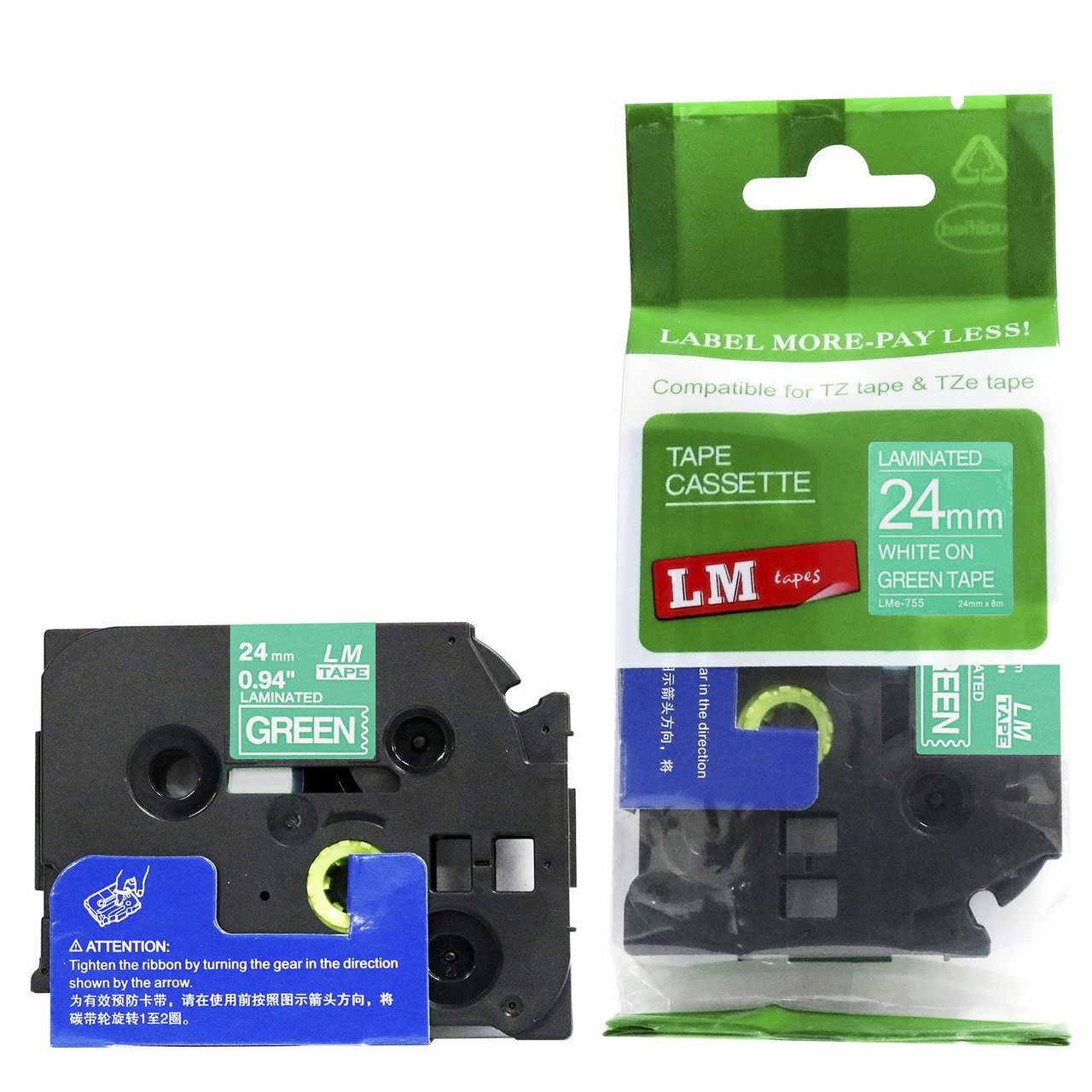 LM Tape LMe755 Compatible 1 In White On Green P-touch Tape LM Tape LMe755 Compatible 1 In White On Green P-touch Tape