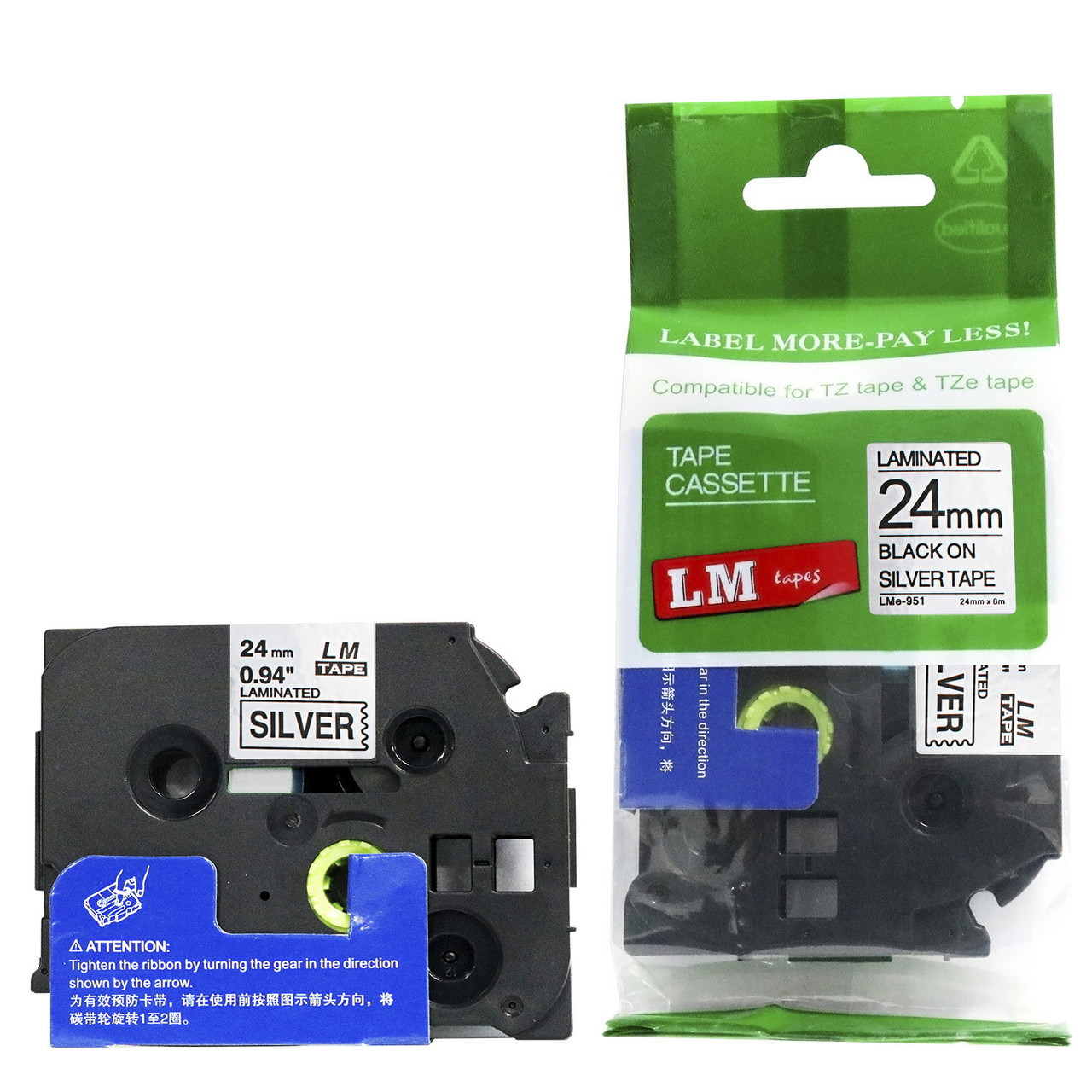 LM Tape LMe951 Compatible 1 In Black On Silver P-touch Tape
