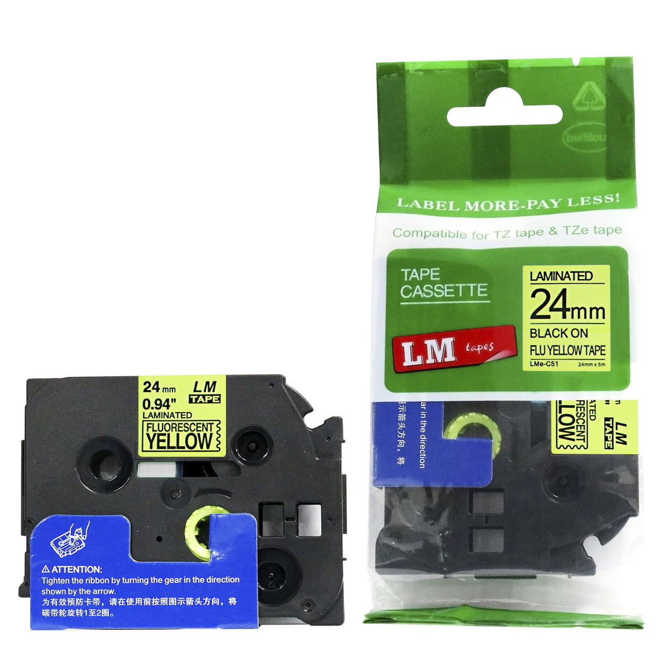 LM Tape LMeC51 Compatible 1 In Black On Fluorescent Yellow P-touch