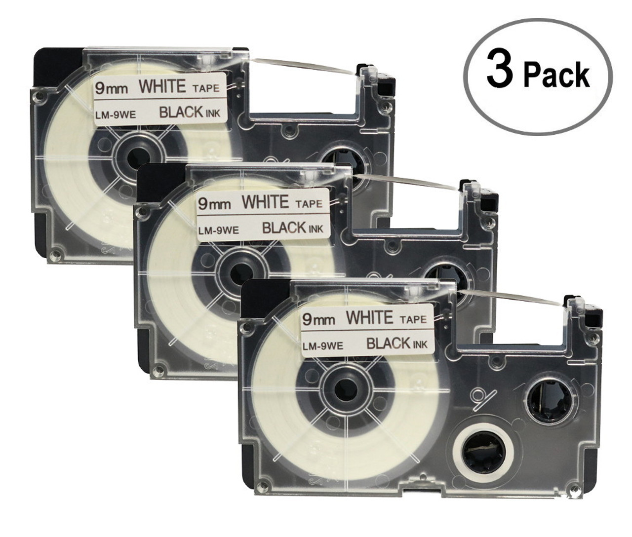 Compatible Casio XR-9WE 3/8 In Black on White Tape Cassette, 3/Pack