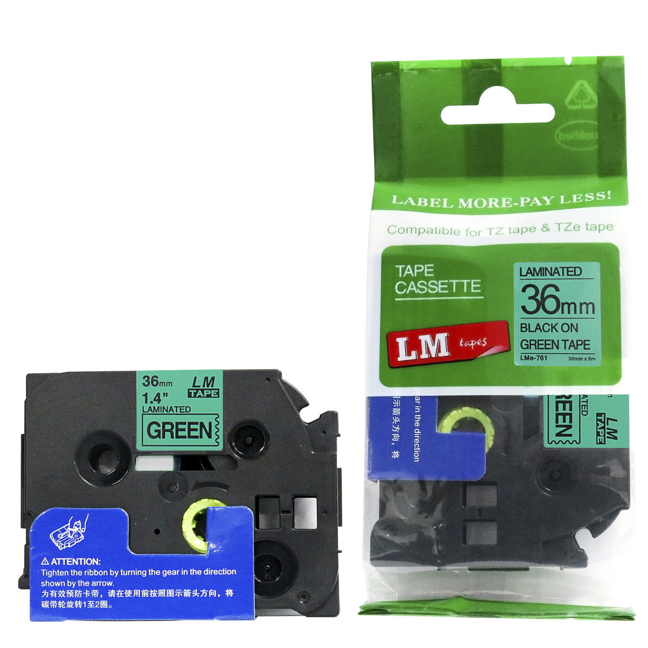 LM Tape Compatible TZe-761 36mm Black On Green P-touch Tape, 1-1/2