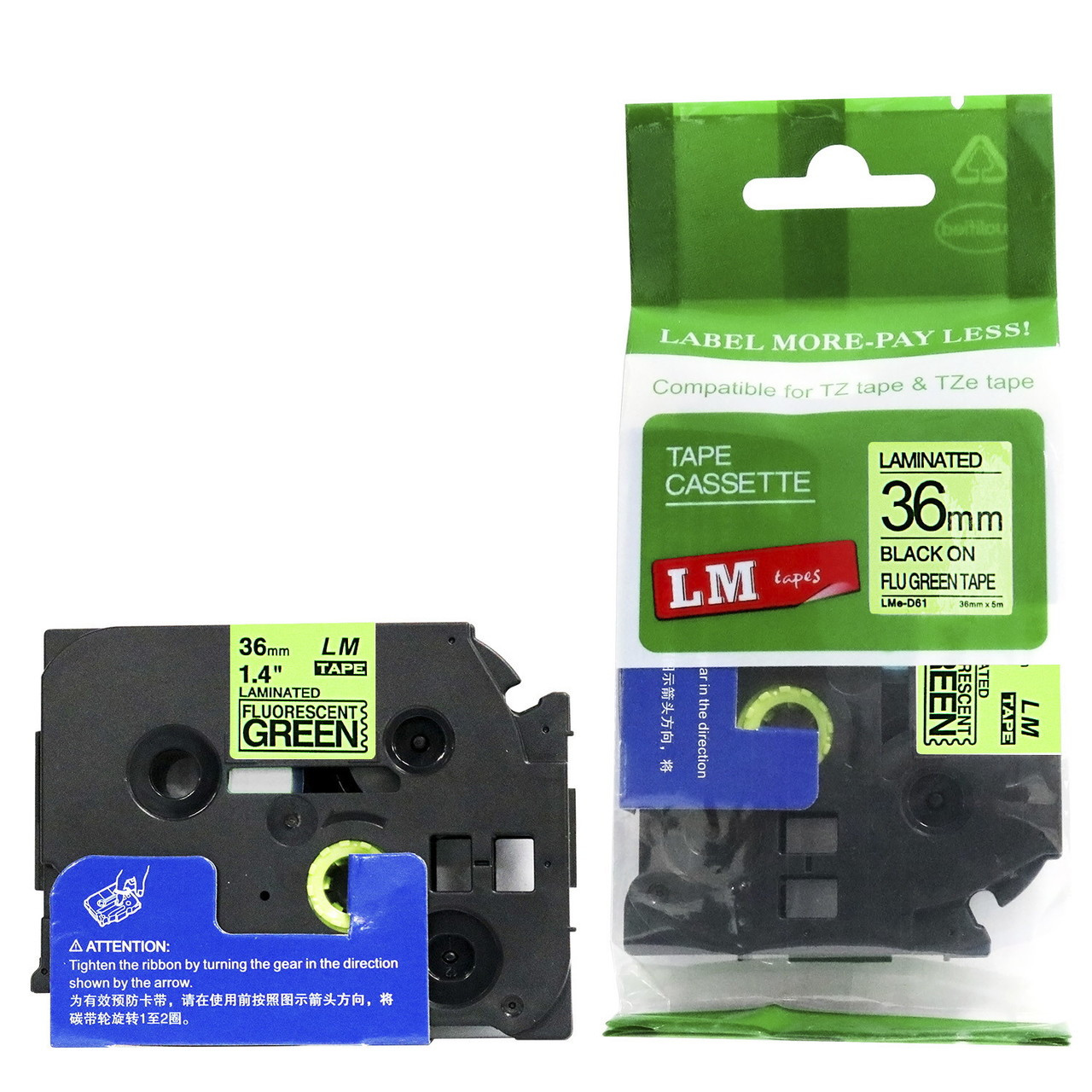 LM Tape LMeD61 Compatible 1-1/2 Black On Fluorescent Green P-touch
