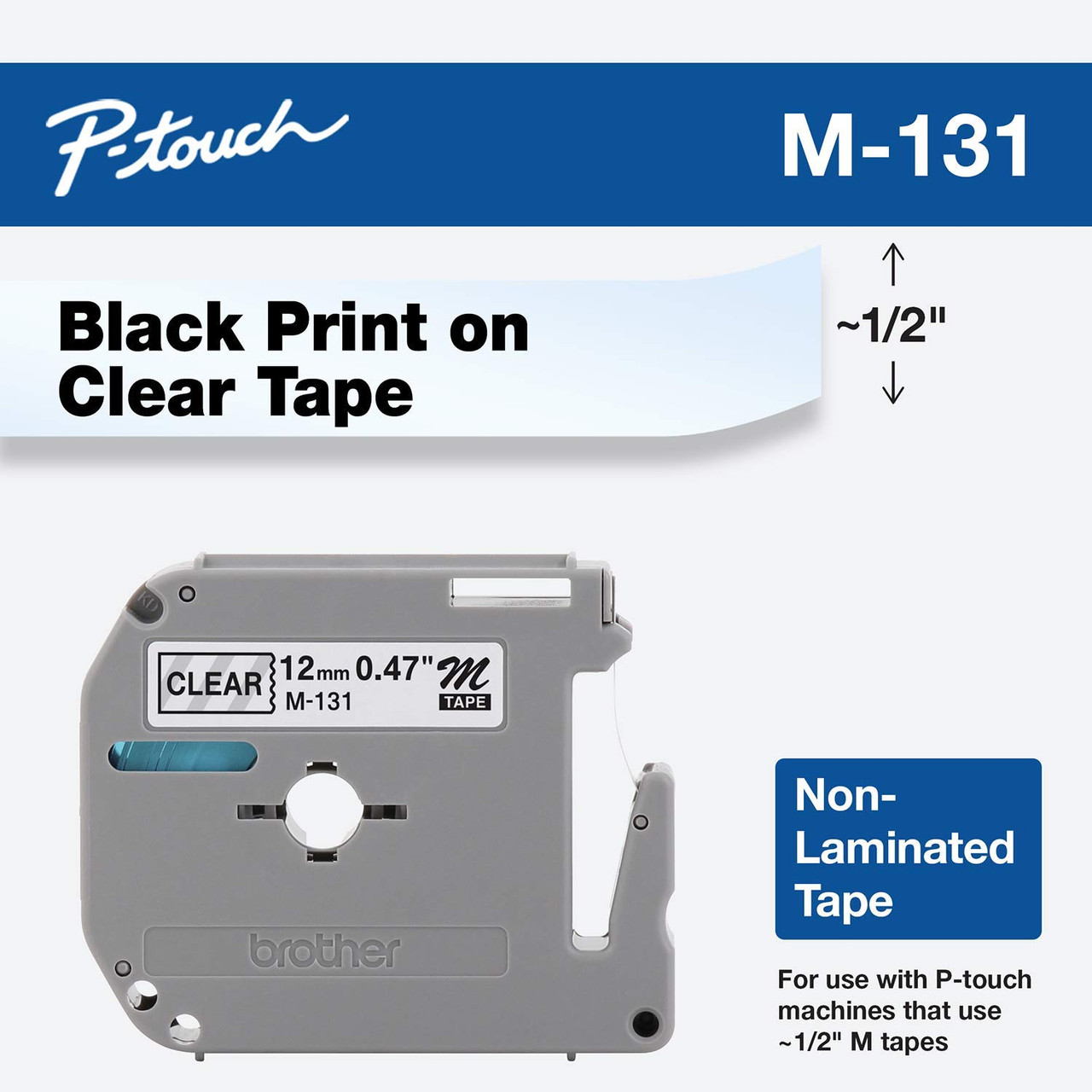 Brother M131 P-touch Tape Black on Clear 1/2 In. (12mm) MK131
