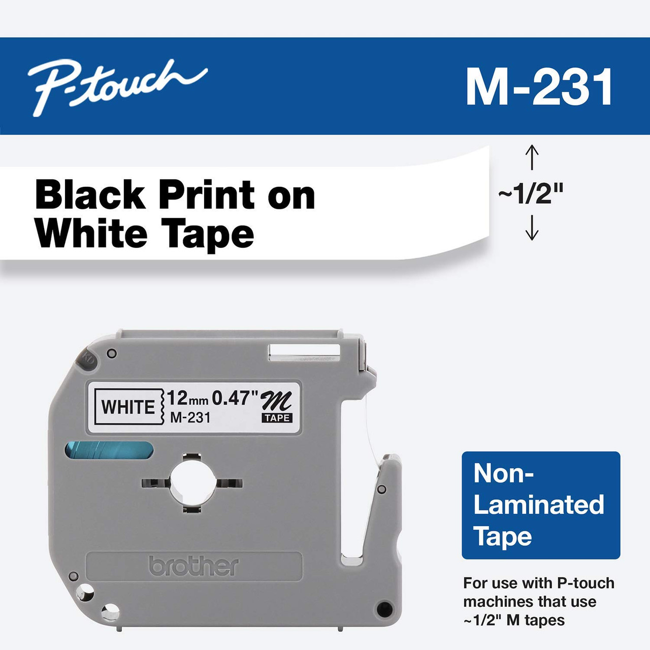 Brother M231 P-touch Black on White Tape 1/2 In (12mm)