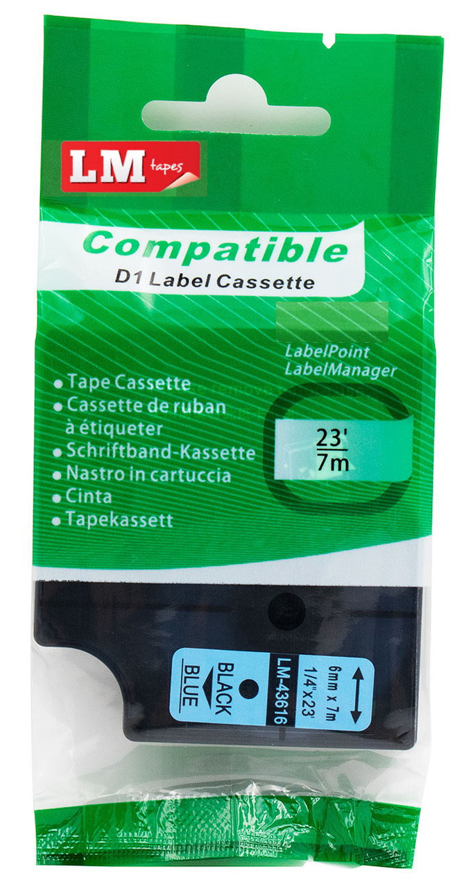 Compatible Dymo 43616 1/4 Black on Blue D1 Tape - 6mm