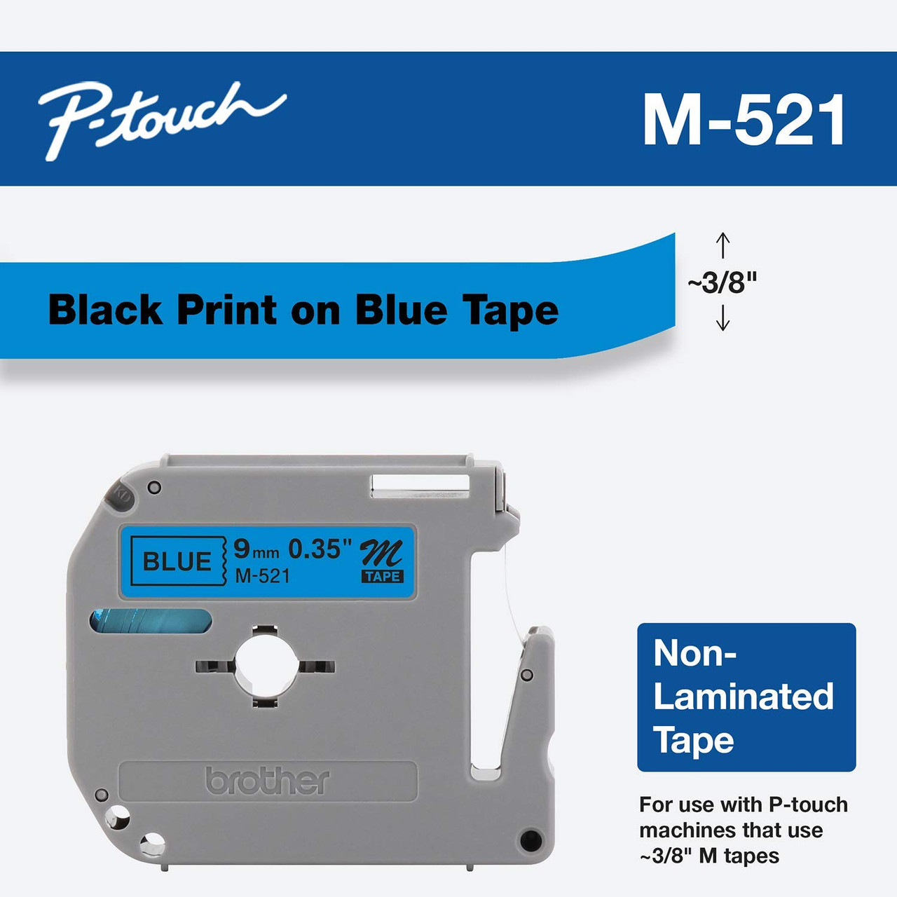 Brother M521 Black on Blue P-touch Label Maker Tape, 9mm M-521