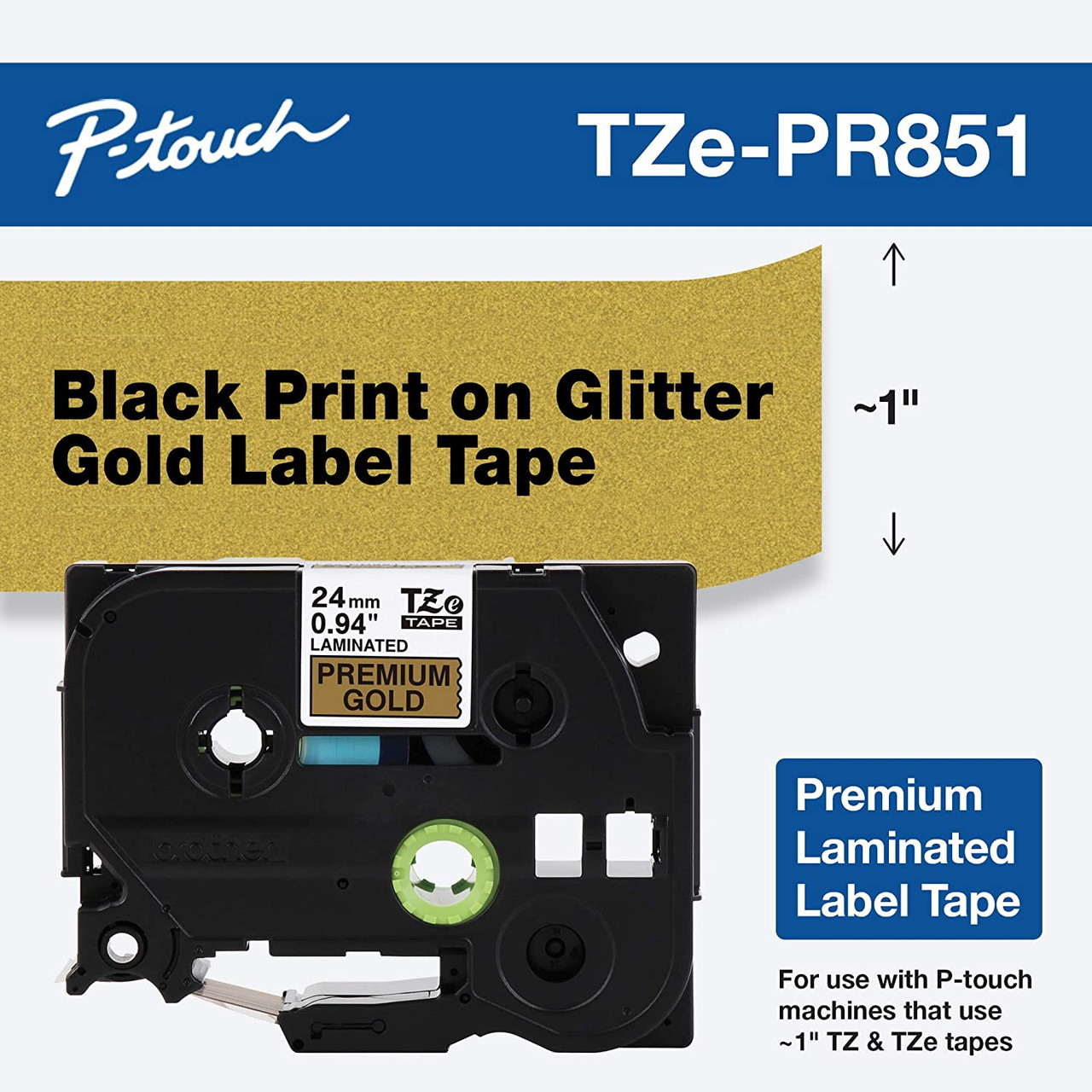 Brother TZe-PR851 1 Black On Premium Glitter Gold P-touch Tape