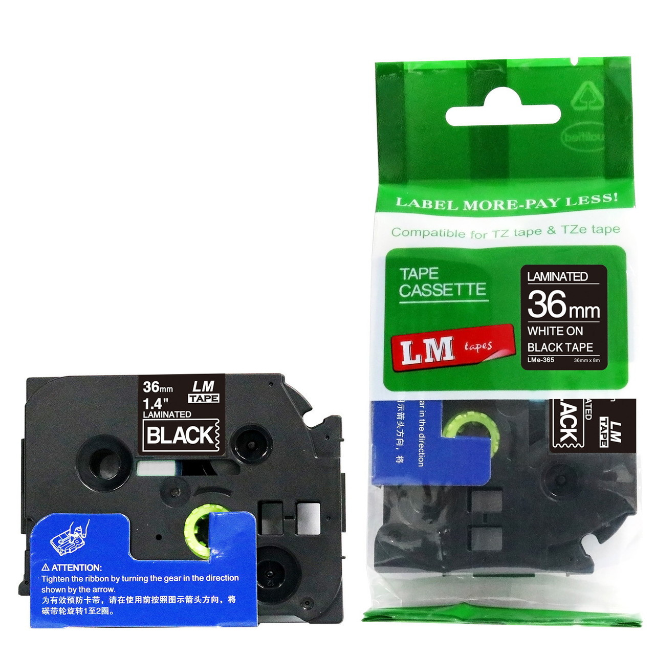 LM Tape LMe365 Compatible 1-1/2 White On Black P-touch Tape