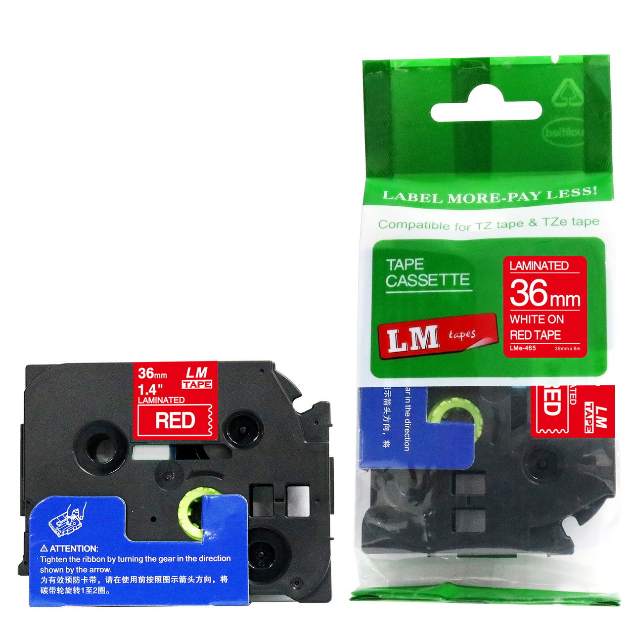 LM Tape LMe465 Compatible 1-1/2 White On Red P-touch Tape