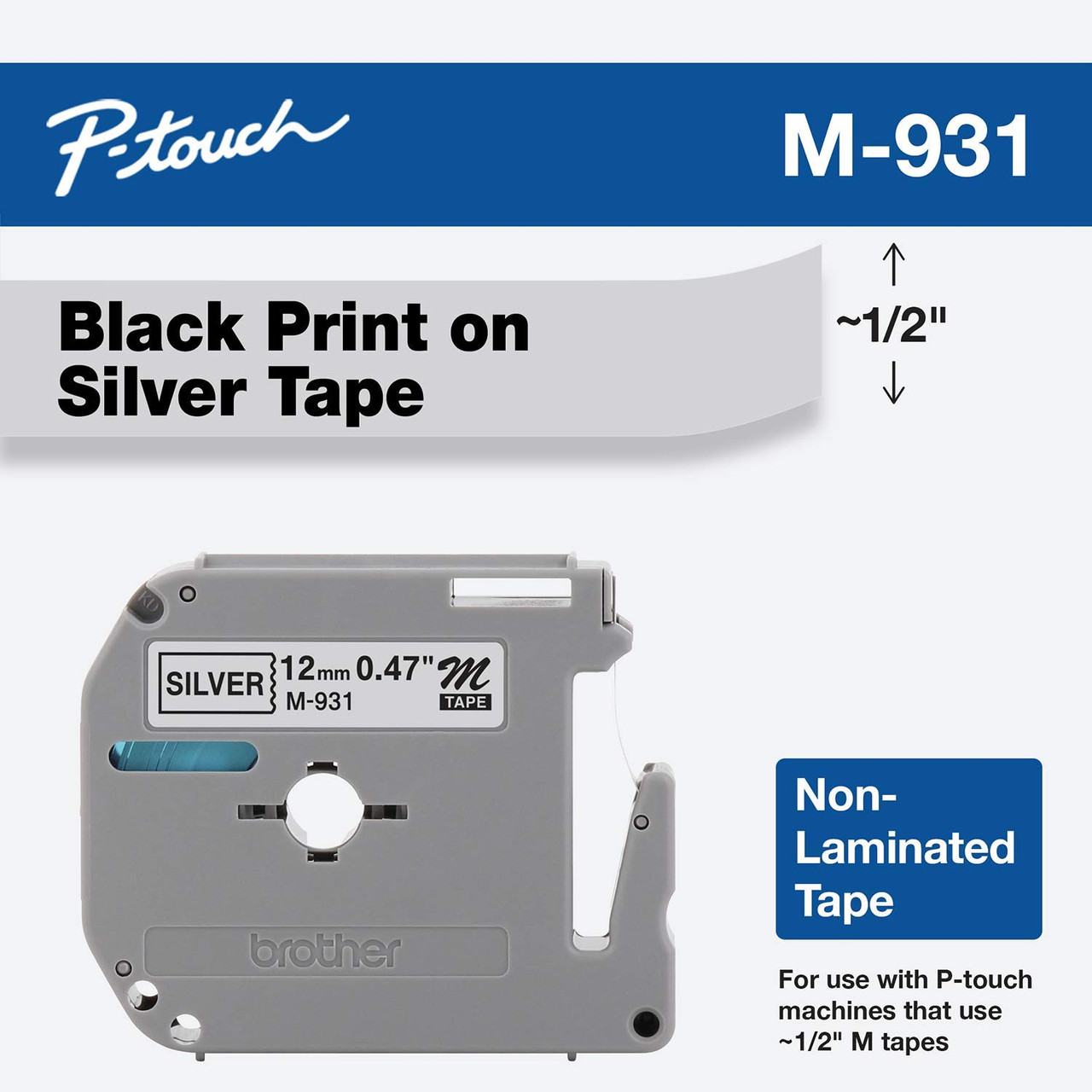 Brother M931 P-touch Tape - Black on Silver M Series