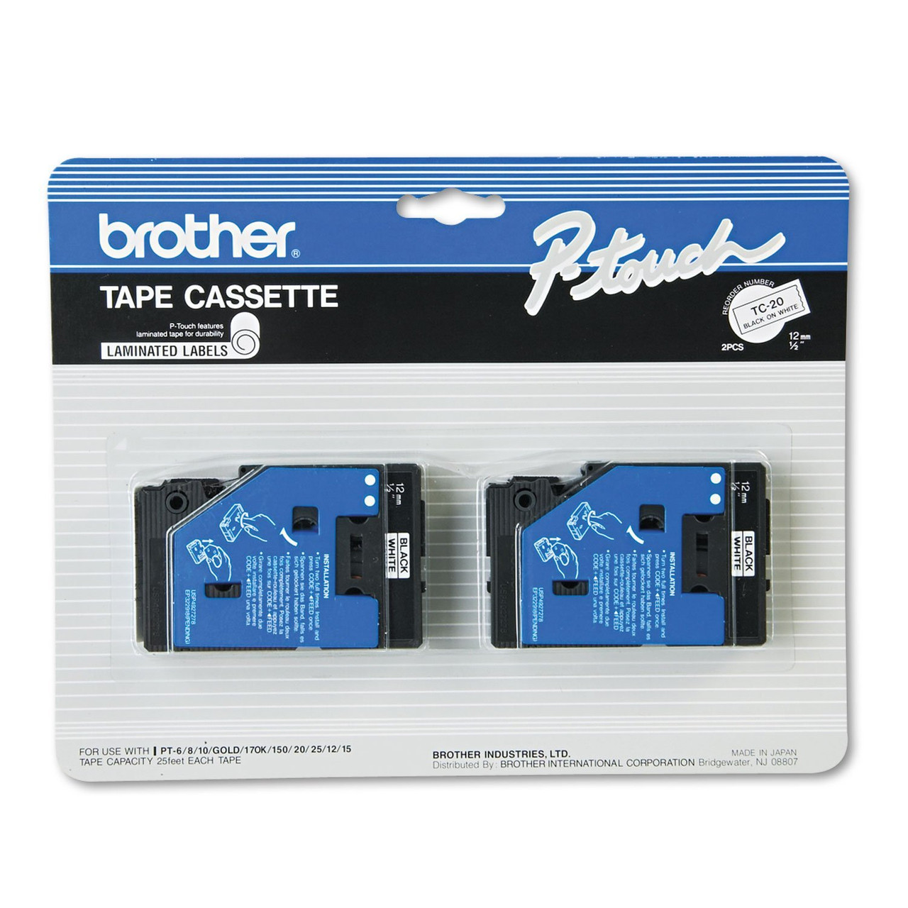 Brother TC-20 P-touch Tape Black on White 1/2