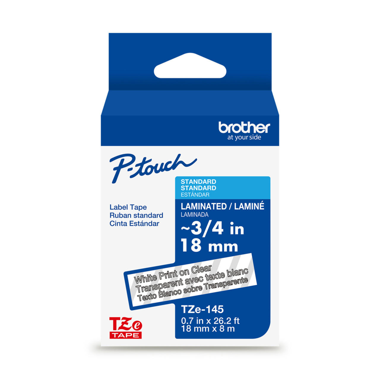 トゥルーページ Brother TZe-145 3/4 White On Clear P-touch Tape - 0.7 18mm TZ145
