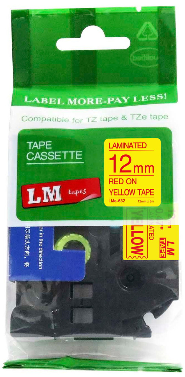 LM Tape LMe-632 Compatible 1/2 Red On Yellow P-touch Tape, 12mm Label