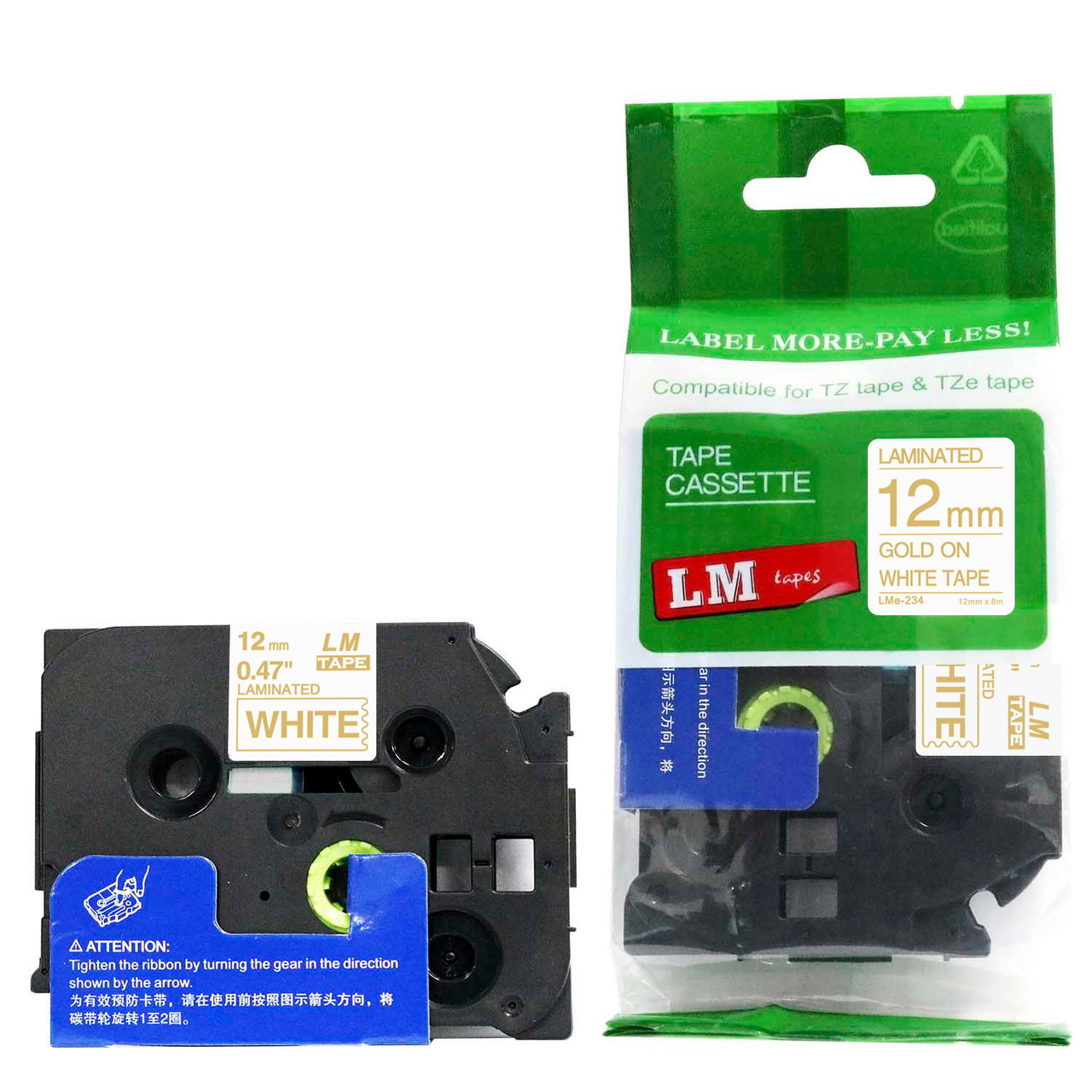 LM Tape LMe234 Compatible 1/2 Gold On White P-touch Tape, 12mm Label