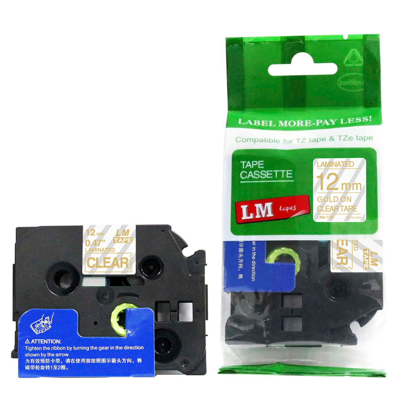 Mislabeled LM Tape LMe134 Compatible 1/2 Gold On Clear Ptouch Tape